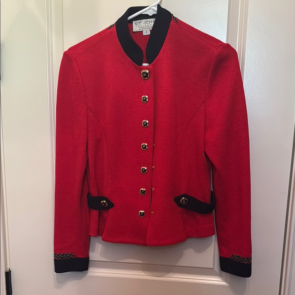 St. John Red and Navy Blazer with Mandarin Collar